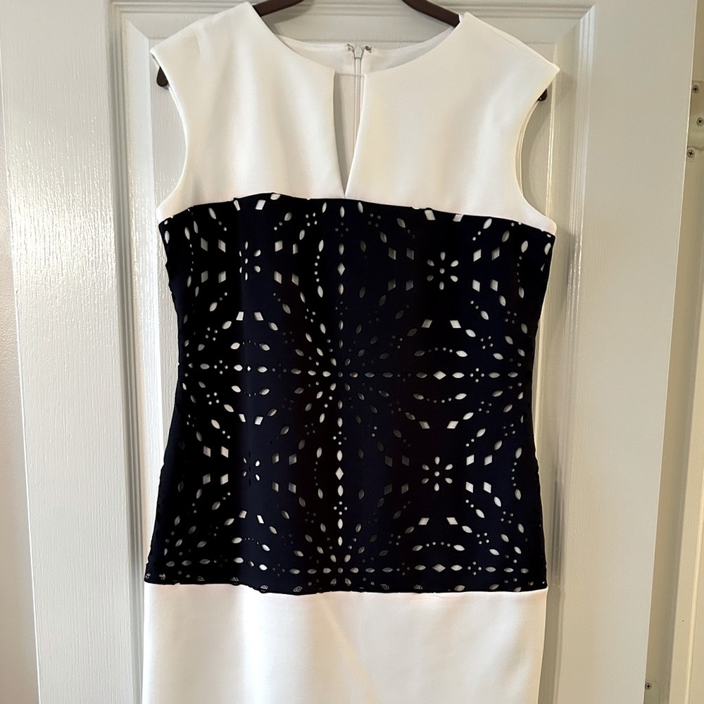 Great work dress, navy blue with a cream, white, knee length